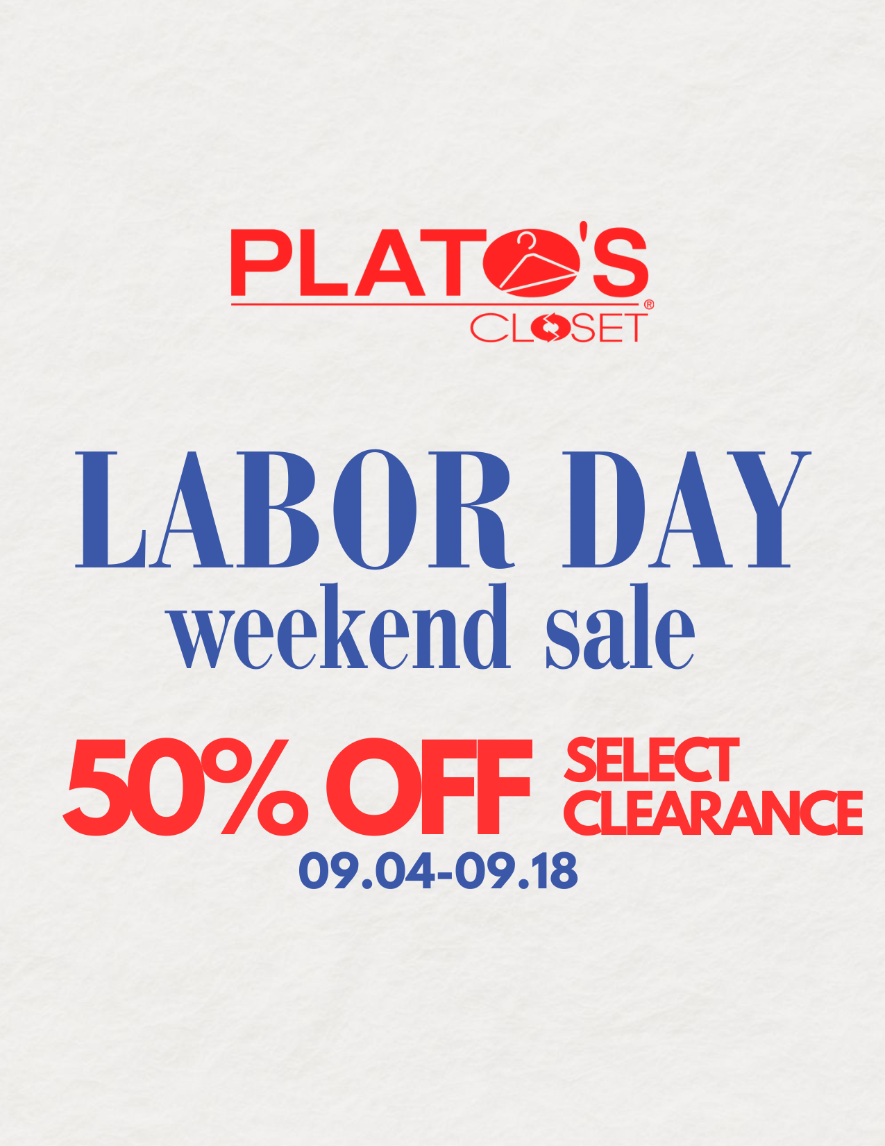 Labor Day Weekend Sale! 50% Off All items with the red hanger stamp!